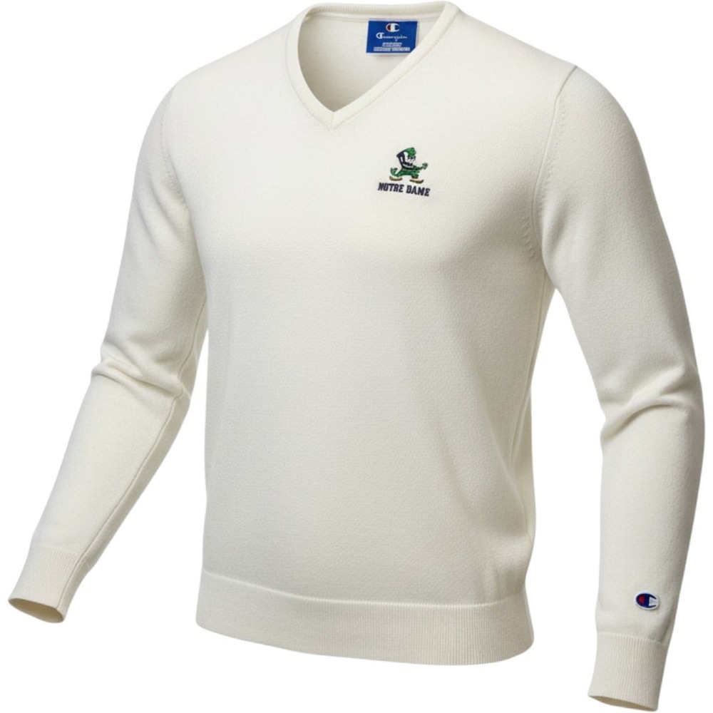 Vintage Champion Notre Dame Fighting Irish V-Neck Sweater White Made in USA Med